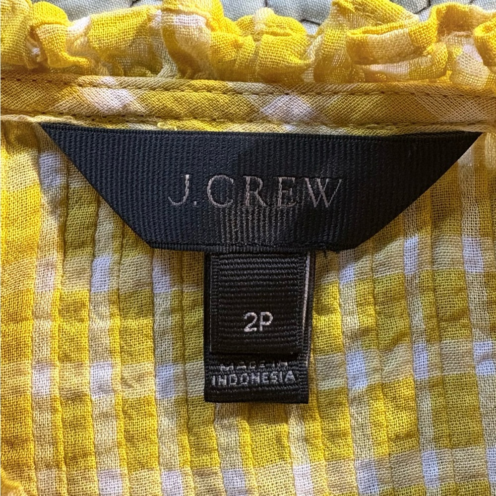 J.Crew Pintuck Yellow Gingham Blouse Ruffle Neck Long Sleeve Sz 2P💛 - Picture 8 of 11